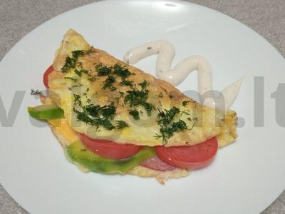 Kiaušinių blynai su kumpiu, sūriu, avokadu ir pomidoru pagrindine nuotrauka