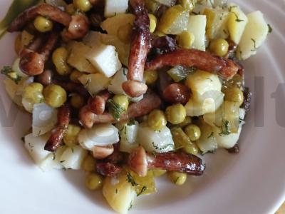 Salotas „Stepinis“ su bulvėmis, žirneliais ir marinuotais voveraitėmis pagrindine nuotrauka