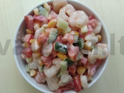 Aštrus salotas su saldžia kukurūzų ir krevetėmis pagrindine nuotrauka